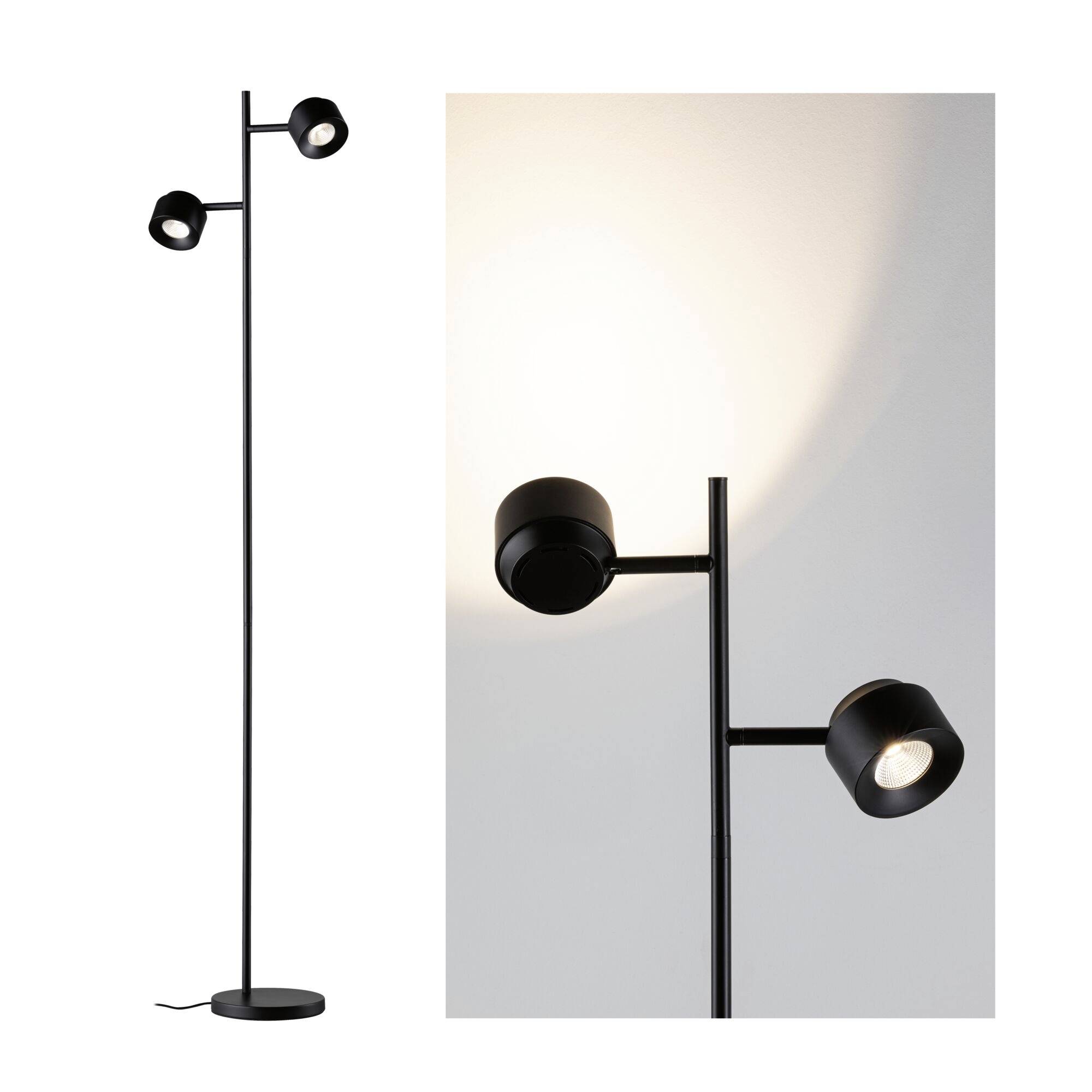 Golvlampa med två svarta strålkastare i modern design. Till vänster hela lampan, till höger närbild av en tänd strålkastare.