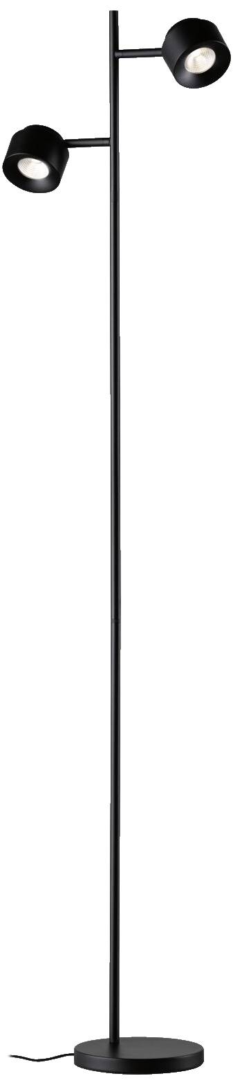 En svart golvlampa med två justerbara lampskärmar som kan vridas i motsatta riktningar.