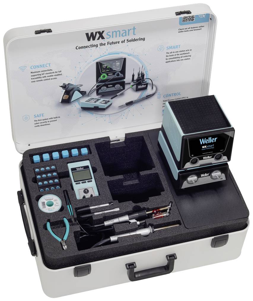 Öppen väska med lödkolv, styrenhet och tillbehör. Etikett: 'WX smart - Connecting the Future of Soldering'.