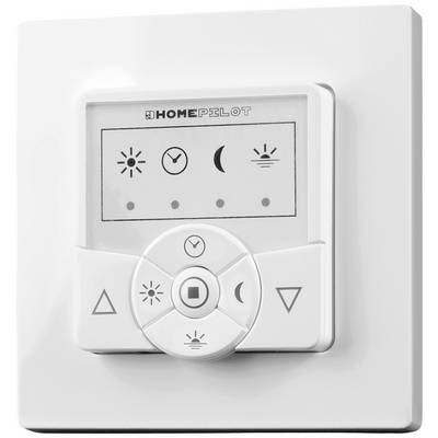 Vit väggströmbrytare med fyra symboler: Sol, klocka, måne och en cirkel. Manöverpanel nedanför med pilar och symboler för styrning.