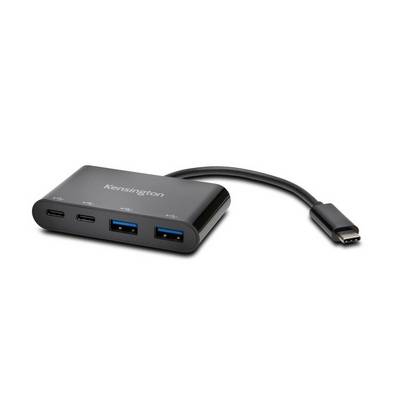En svart USB-C-hubb med två USB-C- och två USB-A-portar, förbunden genom en kort kabel.