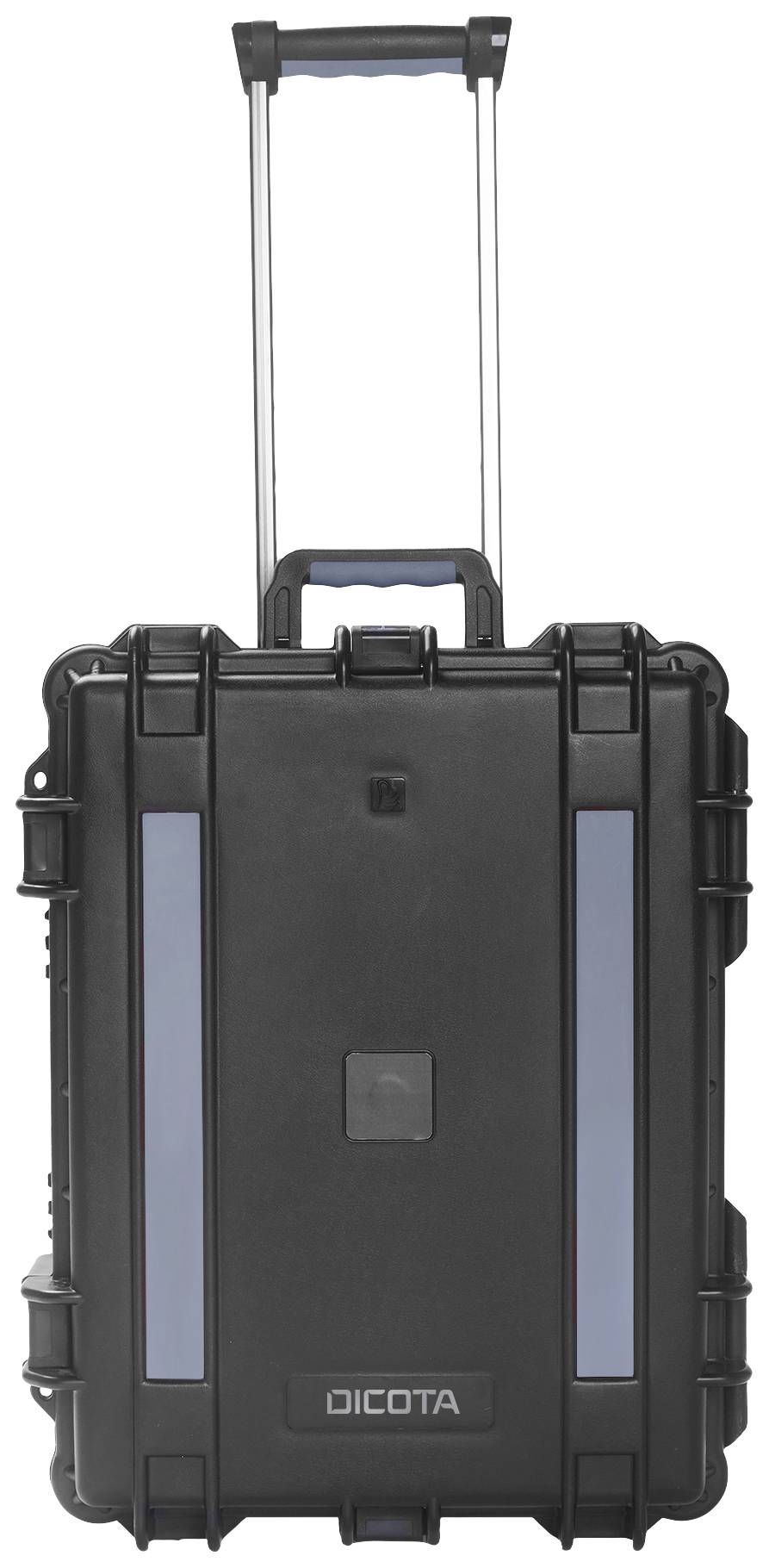 En svart, robust resväska med blå accent och utdragbart handtag, märkt 'DICOTA'. Designad för säker transport.