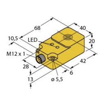 Gul rektangulär sensor med mått: 68 mm längd, 40 mm bredd, 20 mm höjd. Anslutningar: LED och M12 x 1. Hål: Ø 5,5 mm.