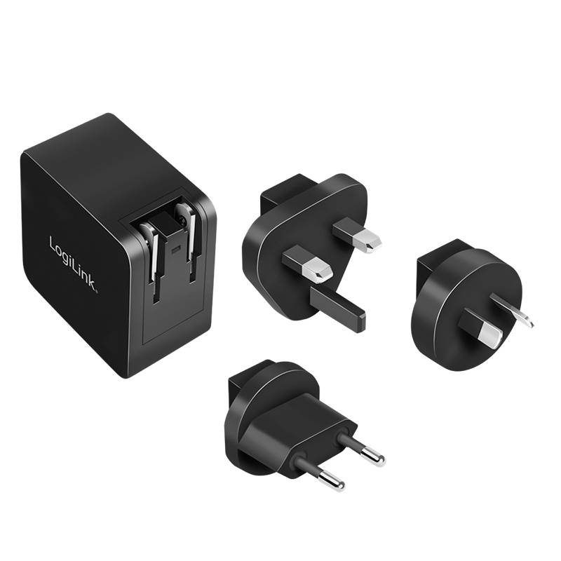 Svart LogiLink nätadapter med utbytbara stickkontaktsadaptrar för EU, UK, USA och Australien. Lämplig för internationell användning.