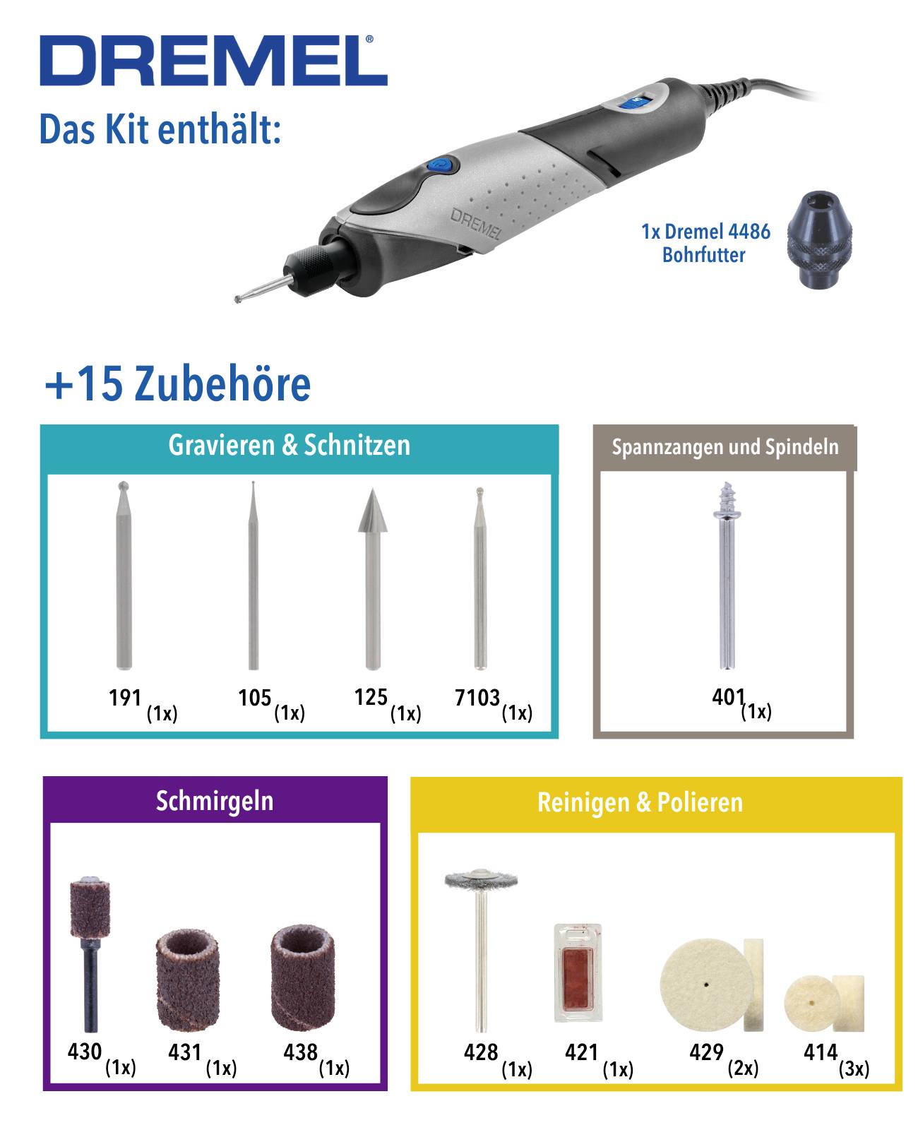 'Satsen innehåller: 1x Dremel 4486 chuck, 15 tillbehörsdelar för gravering, skärning, slipning, rengöring och polering.'