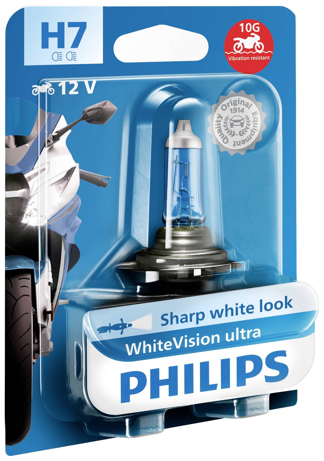 Förpackning för en H7 12V strålkastarlampa från Philips, "WhiteVision ultra", med en bild av en motorcykel och en tätning för vibration.