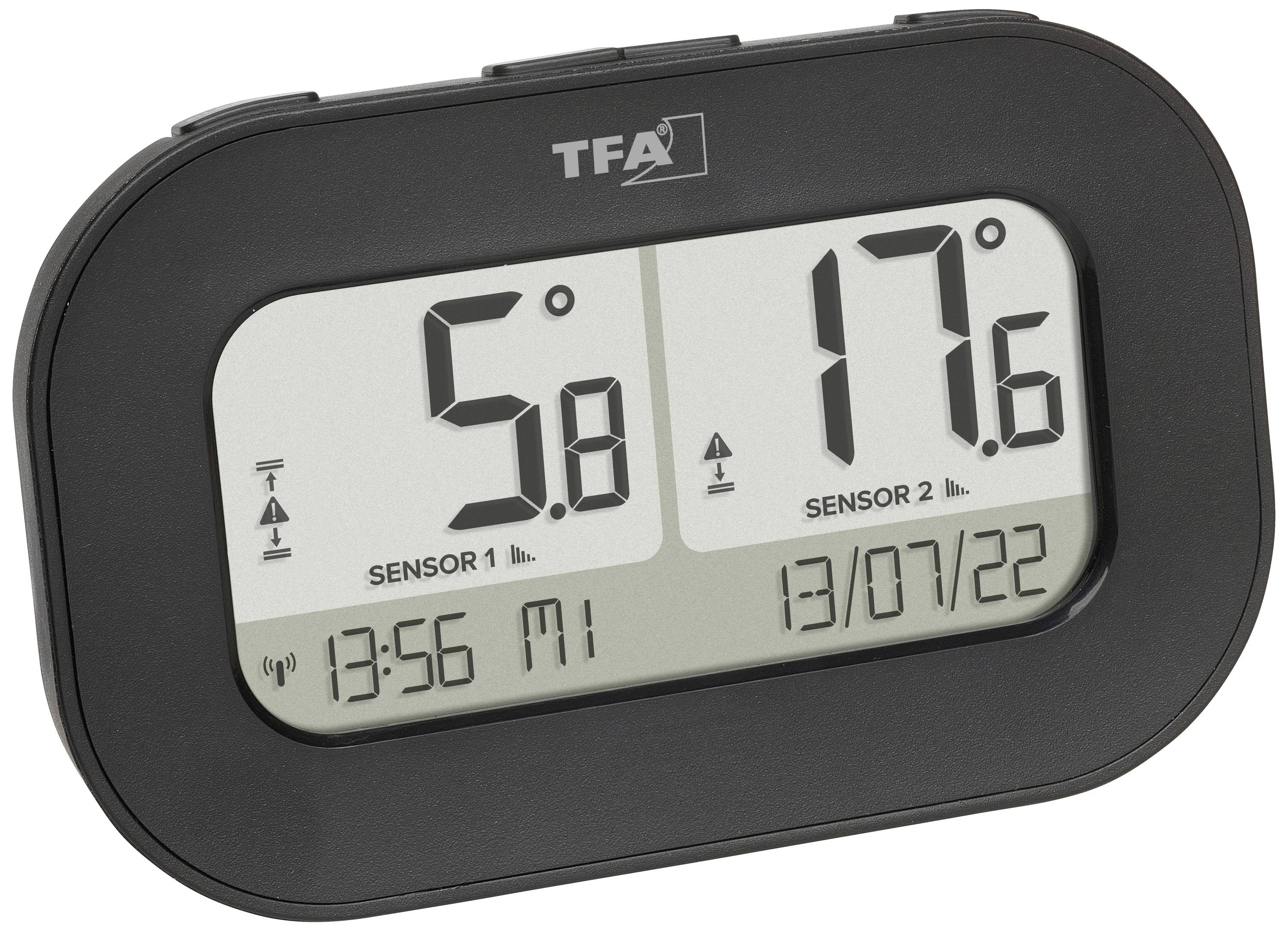 Digitalt termometer visar '5,8°C' för sensor 1 och '17,6°C' för sensor 2. Datum och tid: 13:56, ons, 13/07/22.