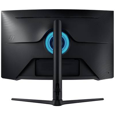 En svart spelmonitor sedd bakifrån, med en blått lysande cirkel i mitten. Monitorn står på ett V-format stativ.