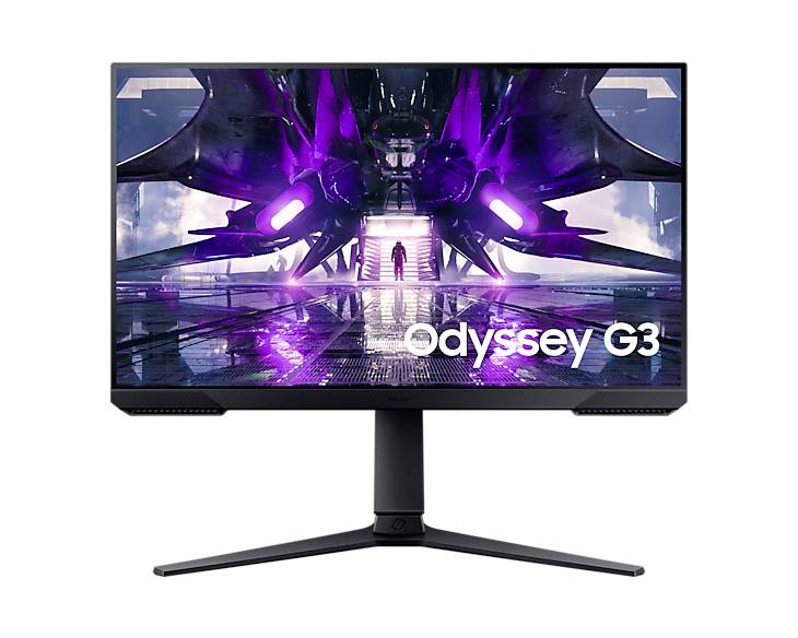 En datorskärm visar en futuristisk, neonbelyst rymdskeppsdesign med texten 'Odyssey G3' längst ner till höger på skärmen.