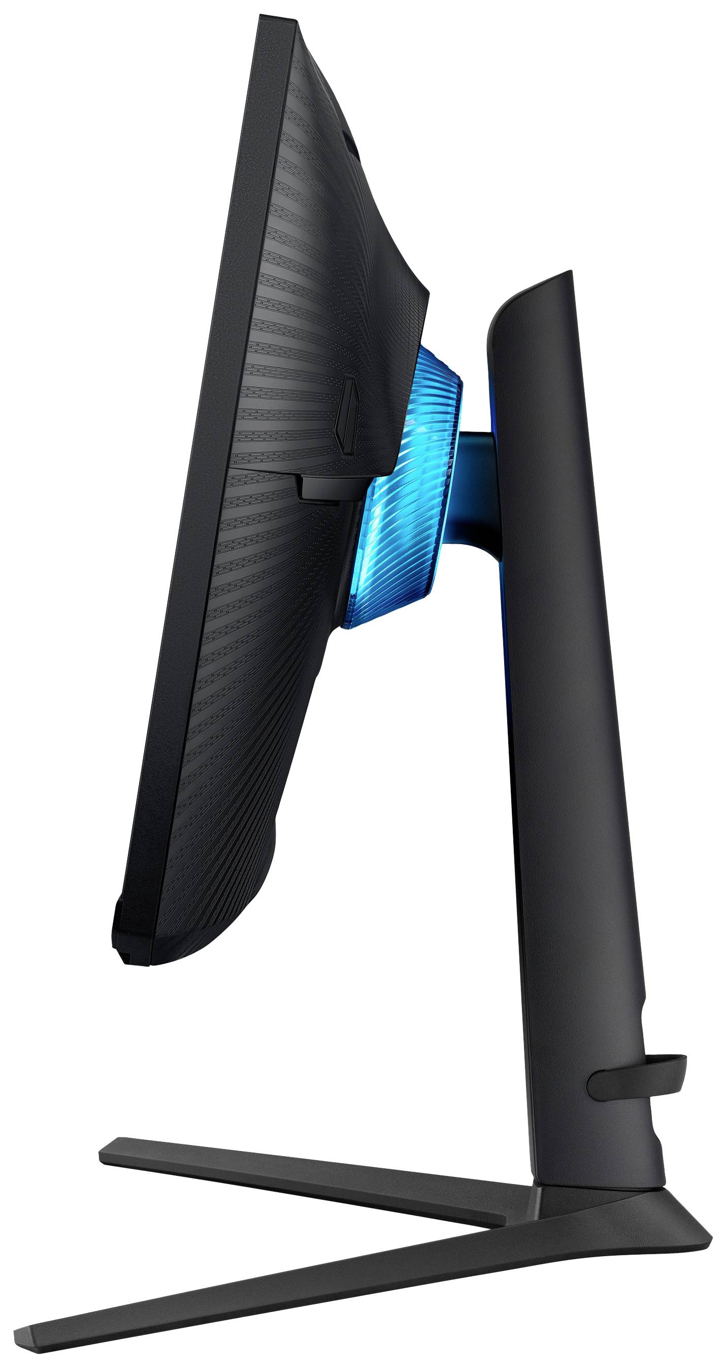 En datorskärm sedd från sidan, med ett blått lysande område på baksidan.