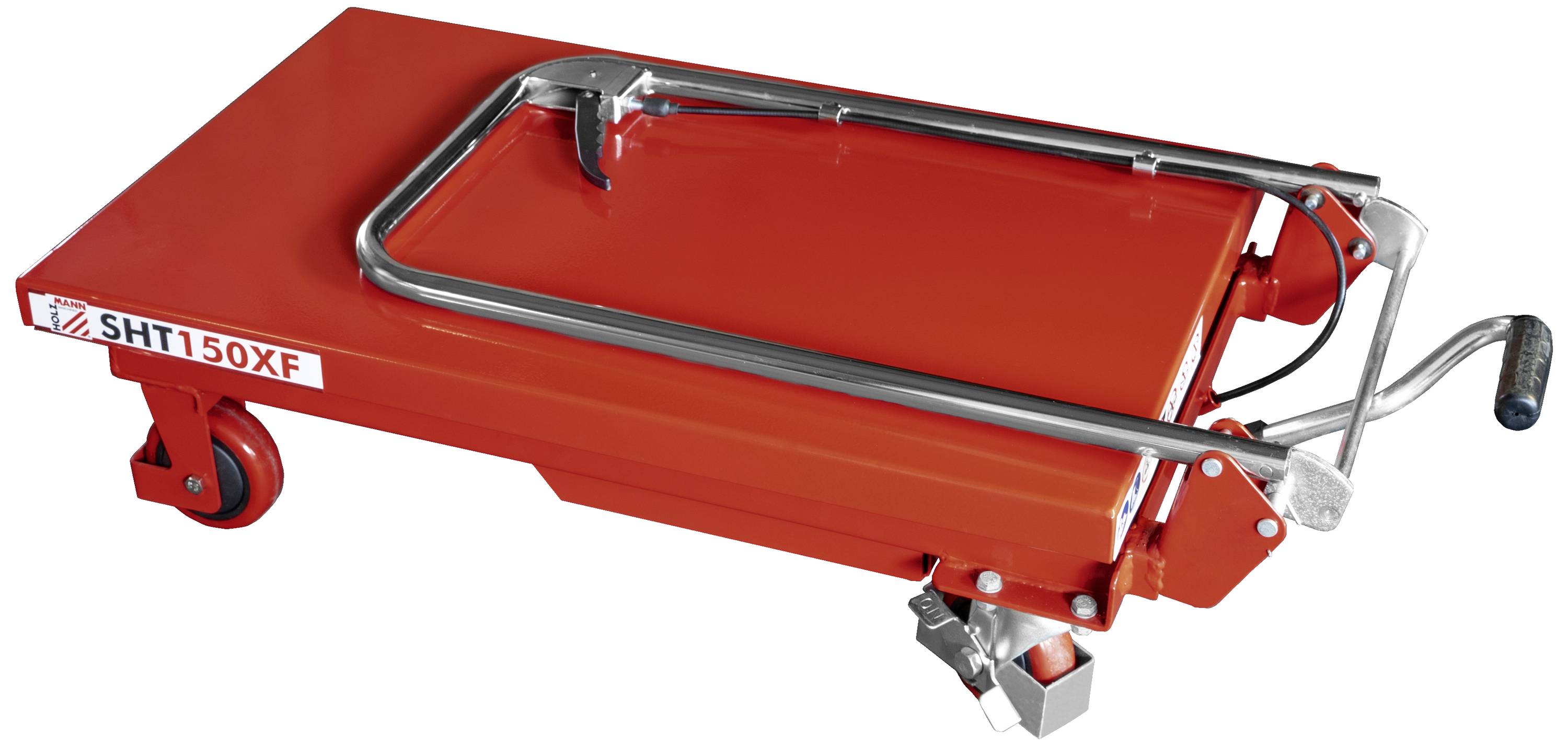 Röd hydraulisk lyftbord med metallhandtag och manuell vev, modell 'SHT150XF'. Används för att lyfta och transportera laster.