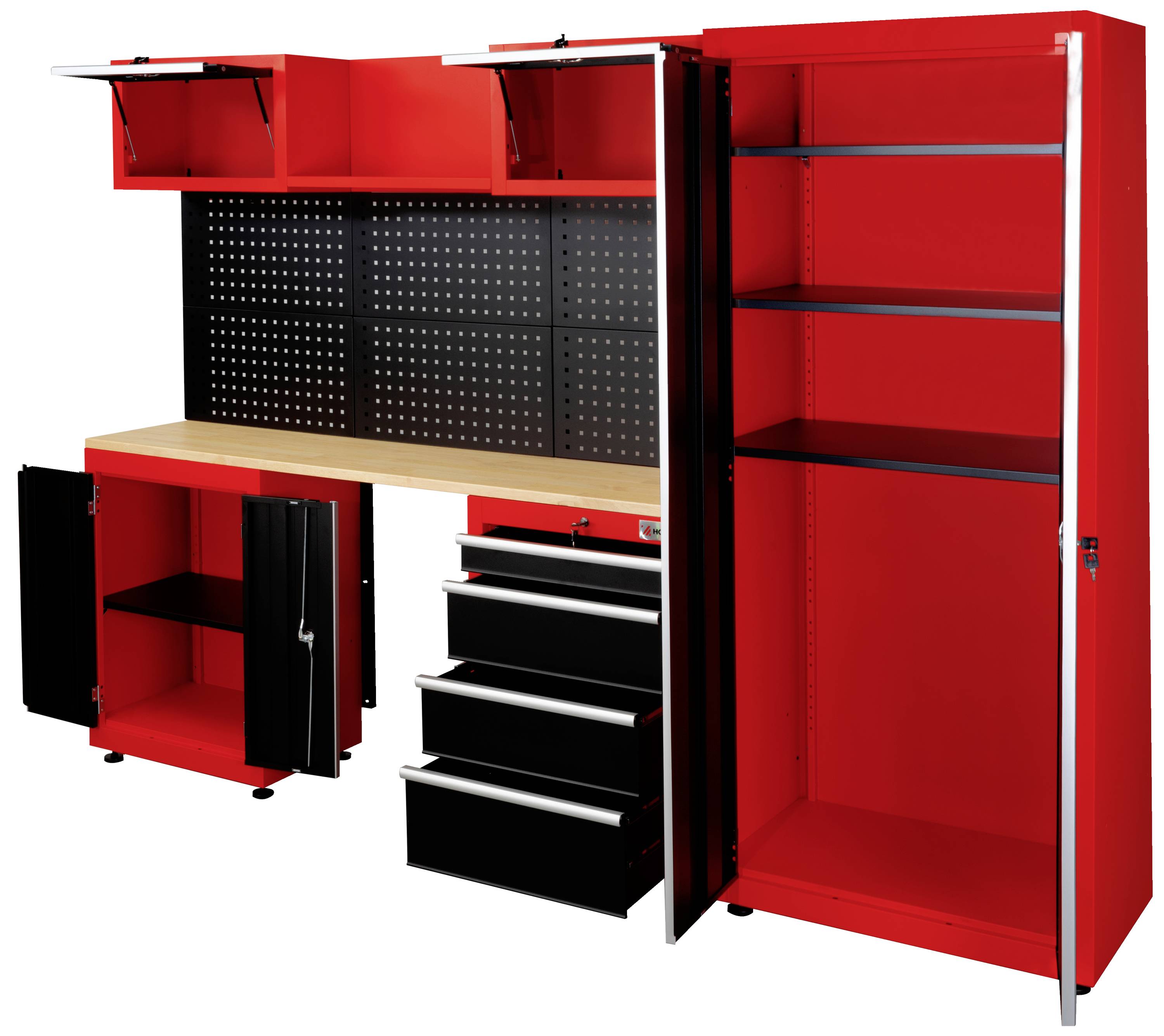 Röd och svart arbetsbank med väggskåp, underskåp och lådor. Högra sidan har ett öppet skåp med hyllplan.
