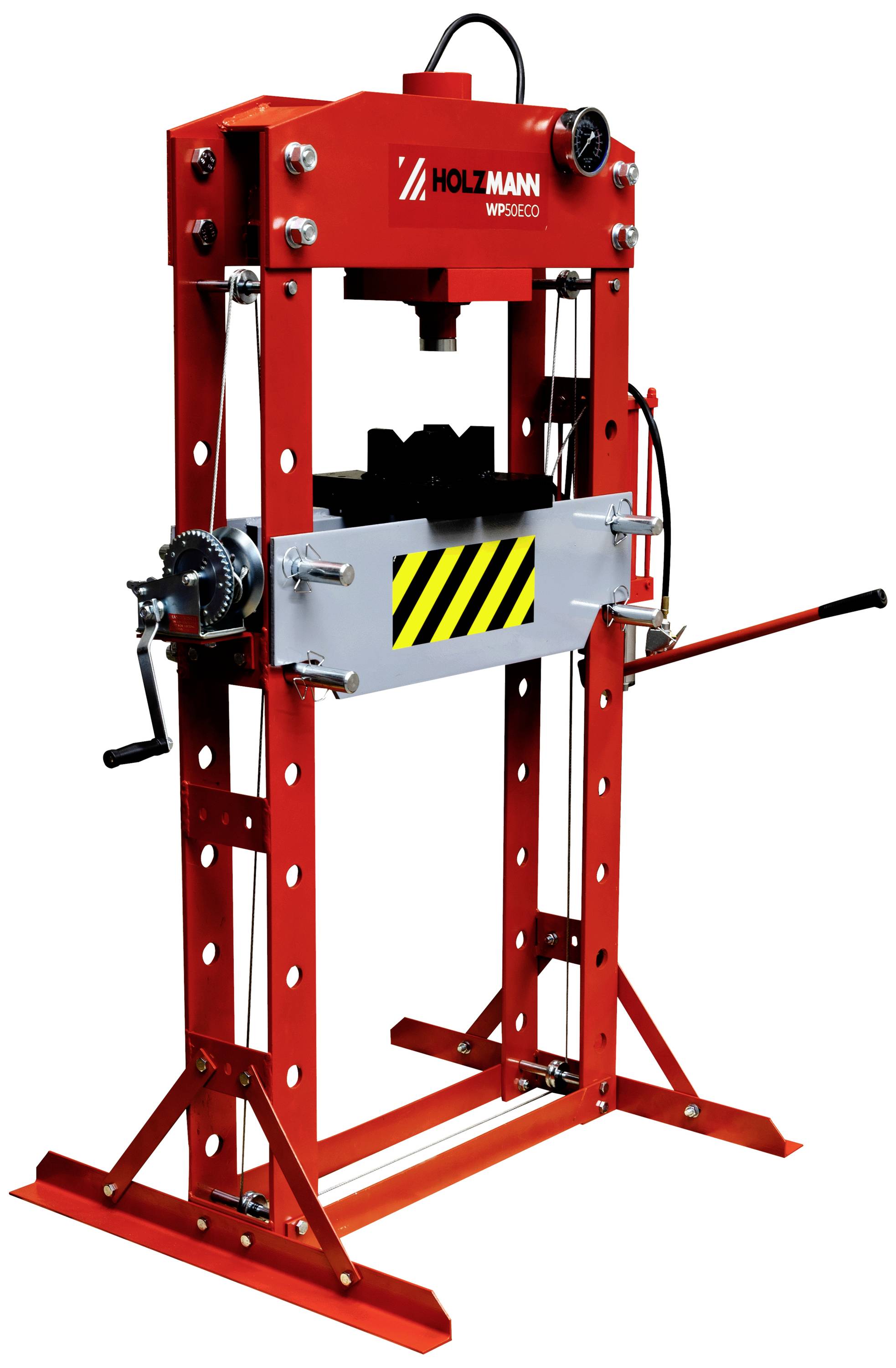 Röd hydraulisk press med manometer och handvev, lämplig för verkstadsarbeten.