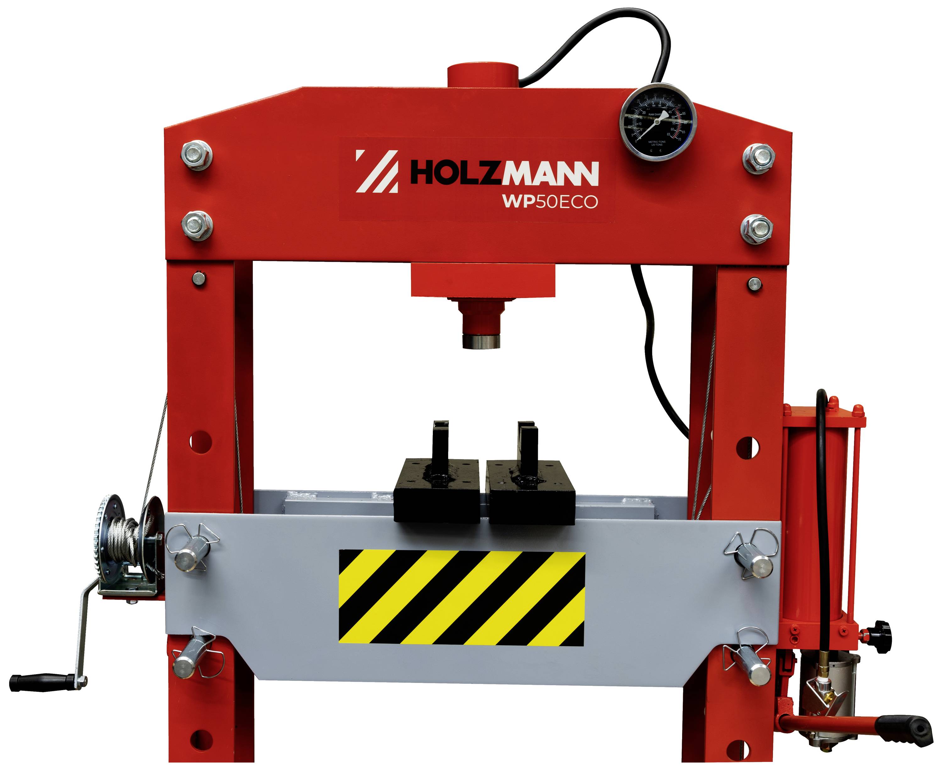 Röd hydraulisk press med manometer och vev, varumärke 'Holzmann WP50ECO'.