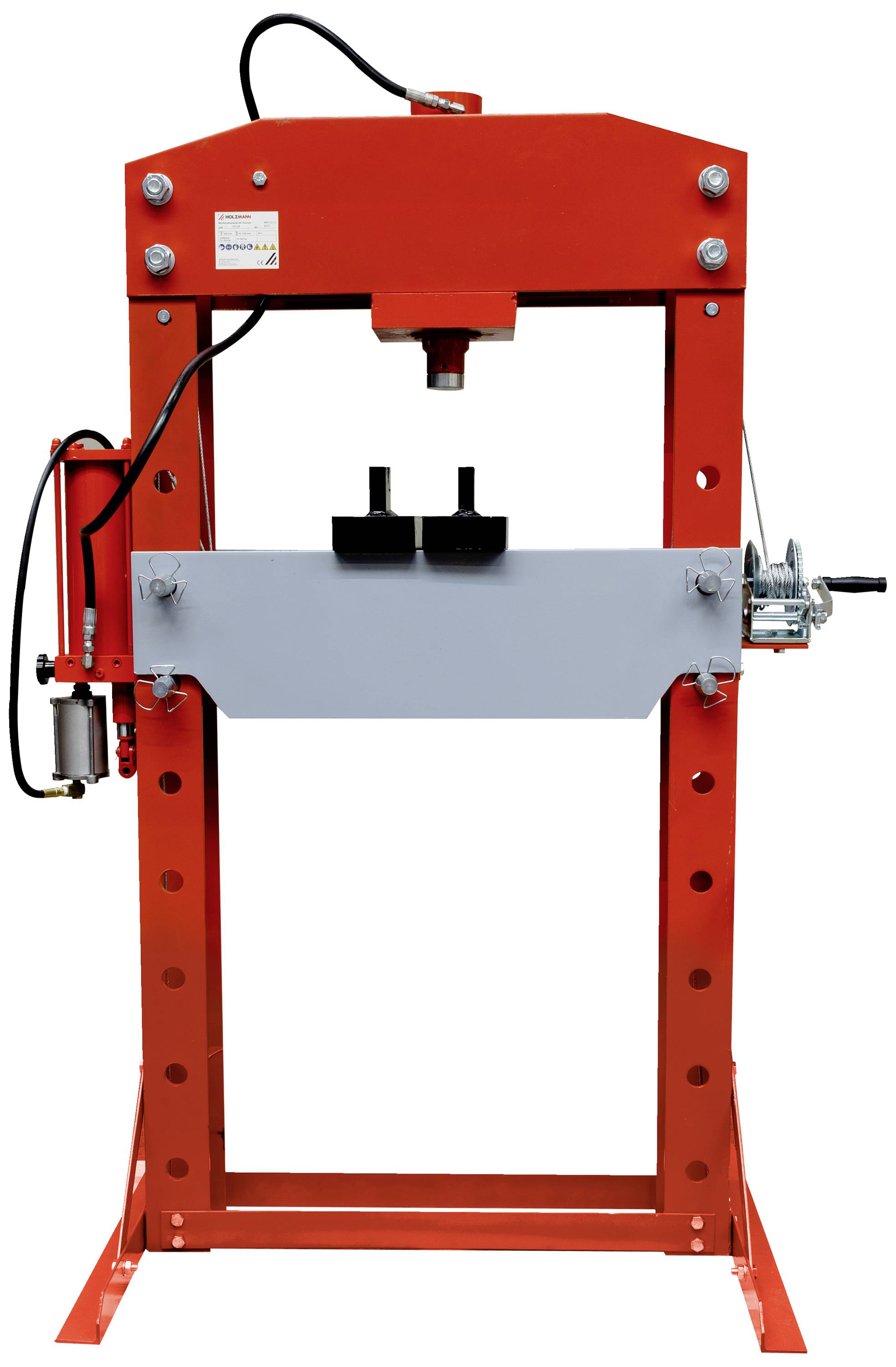 En röd hydraulisk press med lyftanordning och manöverpanel, lämplig för verkstadsarbeten och reparationer.