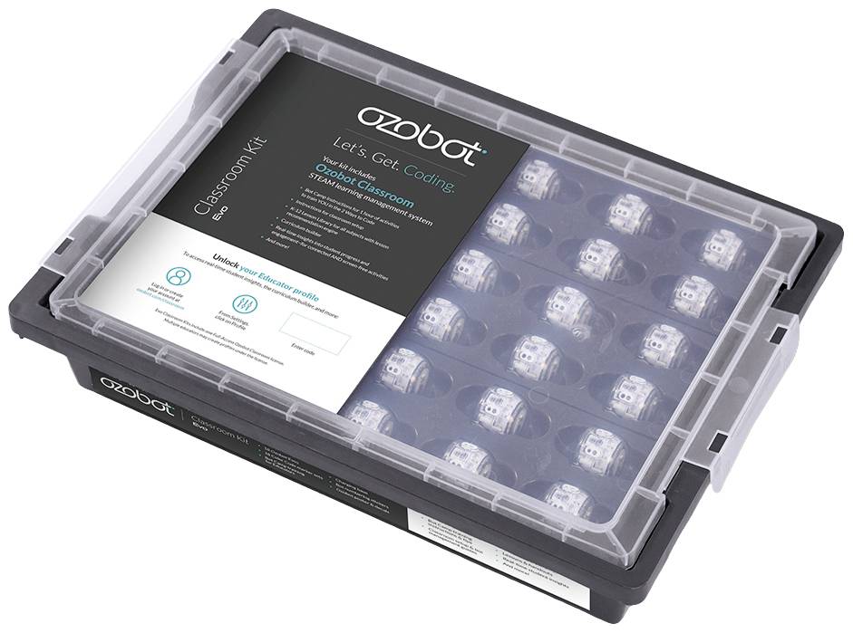 'Classroom Kit' med flera Ozobot-robotar, förpackade i en grå plastbehållare, med text: 'Let's Get Coding'. Idealisk för skolklasser.