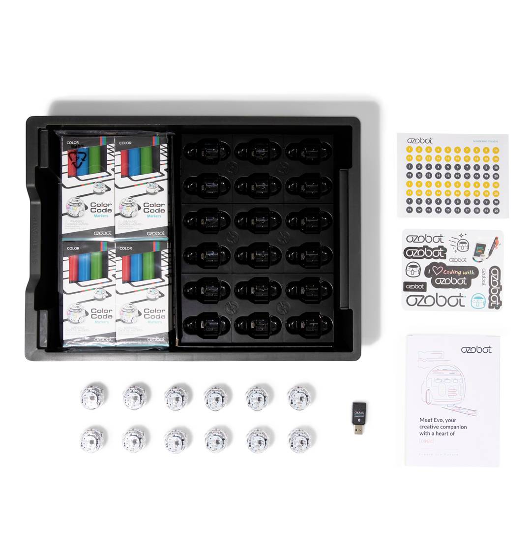 Ozobot-klassuppsättning med 12 robotar, laddningstillbehör, färgkodskort, klistermärken och instruktioner. Perfekt för undervisning i programmering.