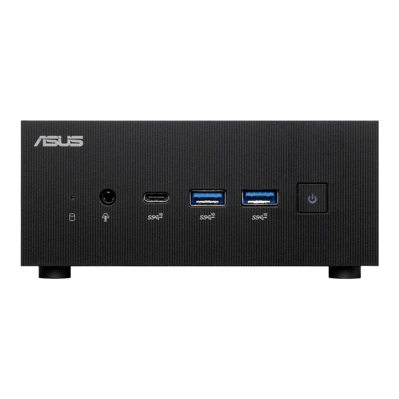 Svart Asus mini-PC med flera anslutningar på framsidan, däribland USB- och hörlursanslutningar samt en på/av-knapp.