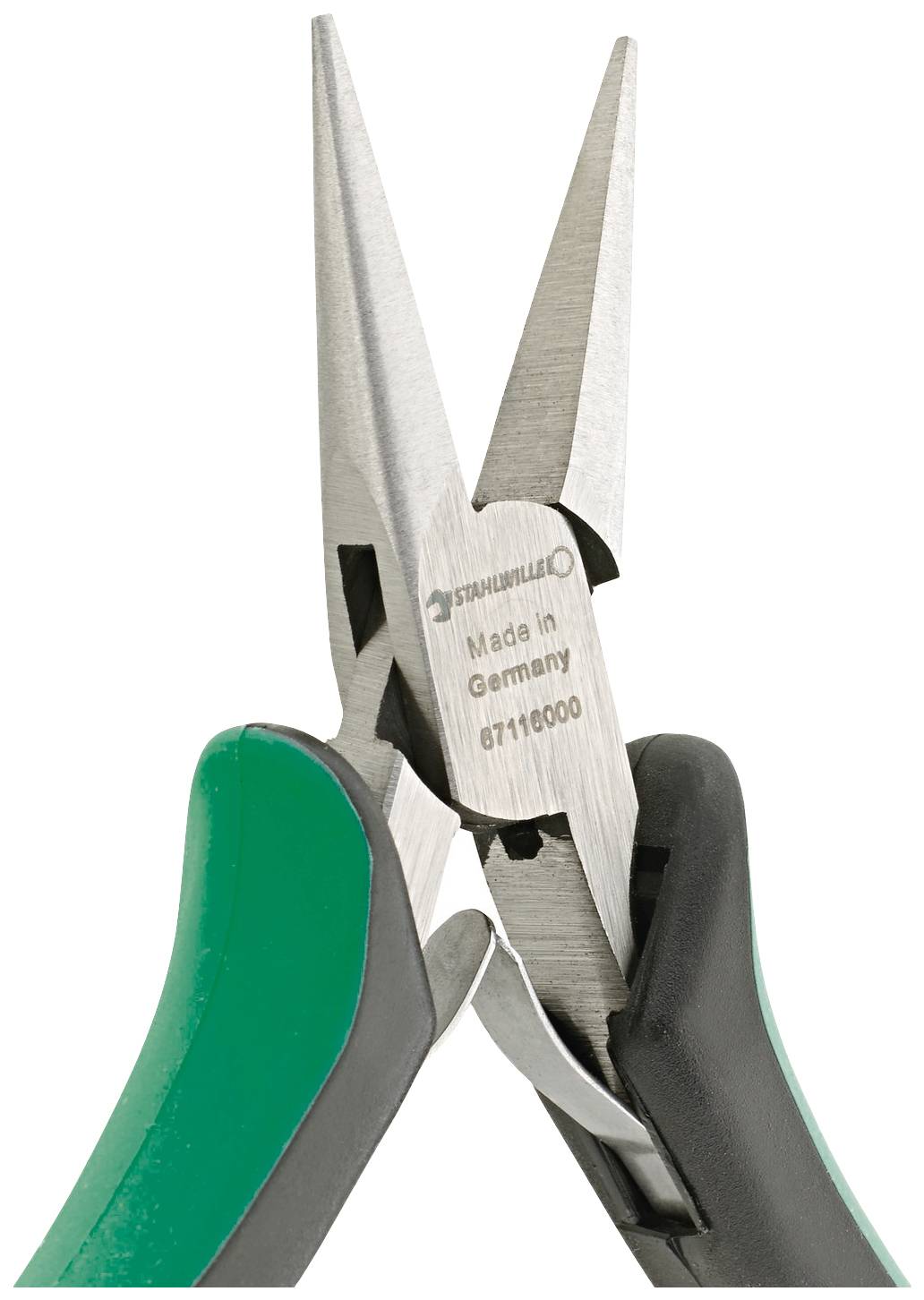 Tång med grönt och svart handtag och spetsiga käftar, på metallen är 'Stahlwille, Made in Germany, 67116000' ingraverat.