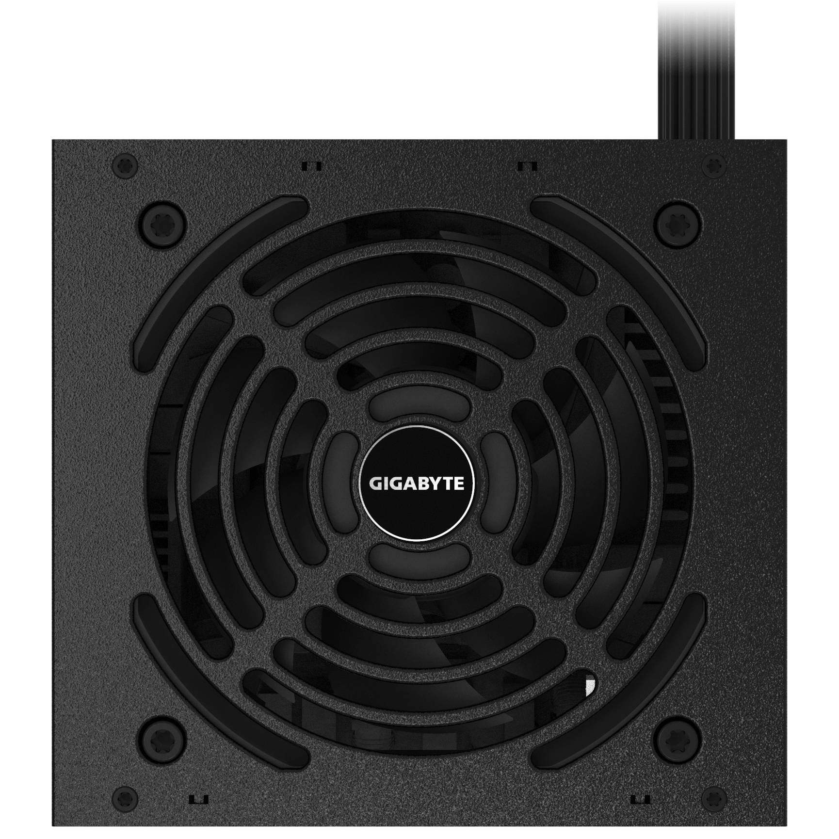 Ett svart gigabyte-nätaggregat med synlig fläkt.