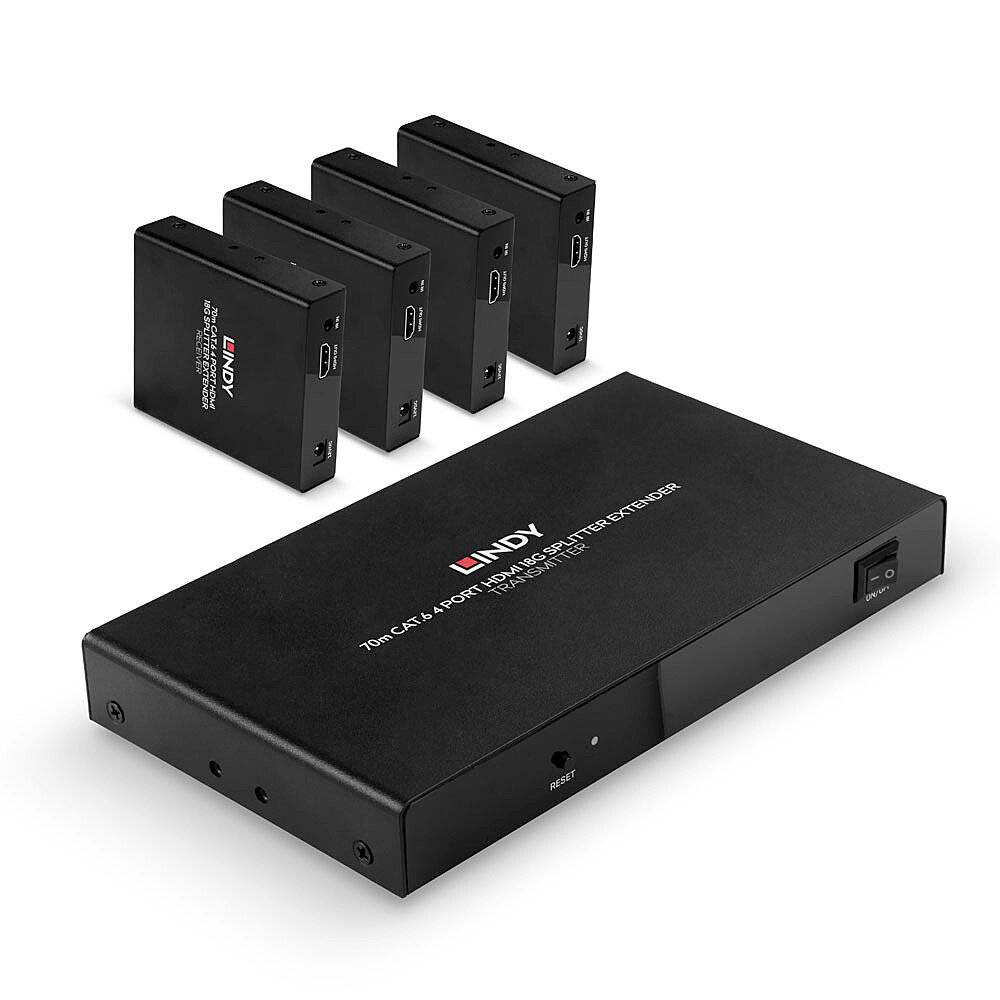 En svart HDMI-fördelningsenhet med fyra små HDMI-mottagarmoduler. Varumärket 'LINDY' är synligt på fördelningsboxen.