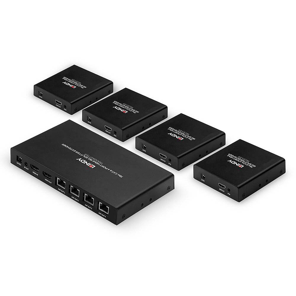 Fem svarta enheter från Lindy, där en är central och större med flera anslutningar, omgiven av fyra mindre. De används för HDMI-distribution.
