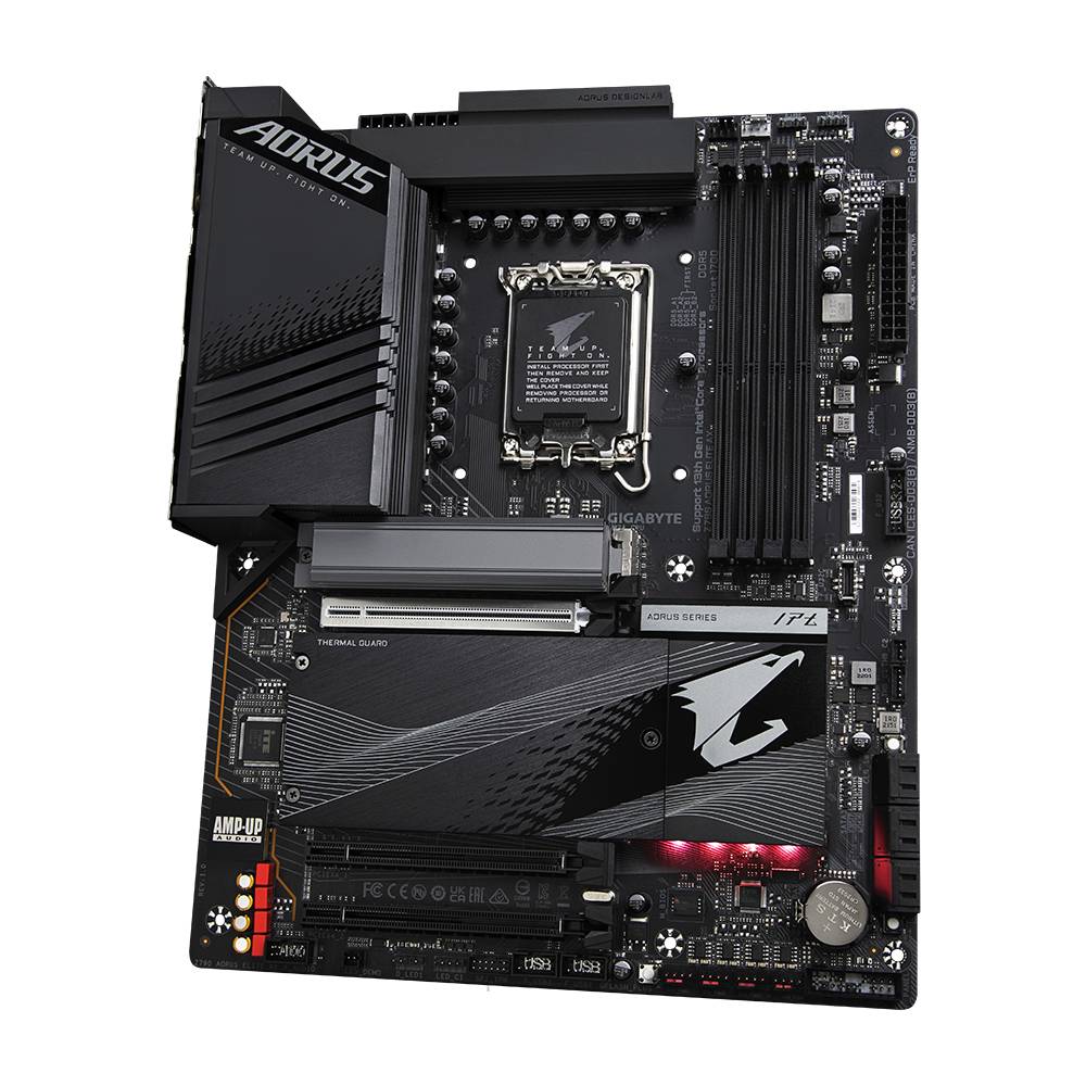 Ett svart GIGABYTE-moderkort med olika anslutningar och platser, inklusive RAM-platser och en CPU-sockel.