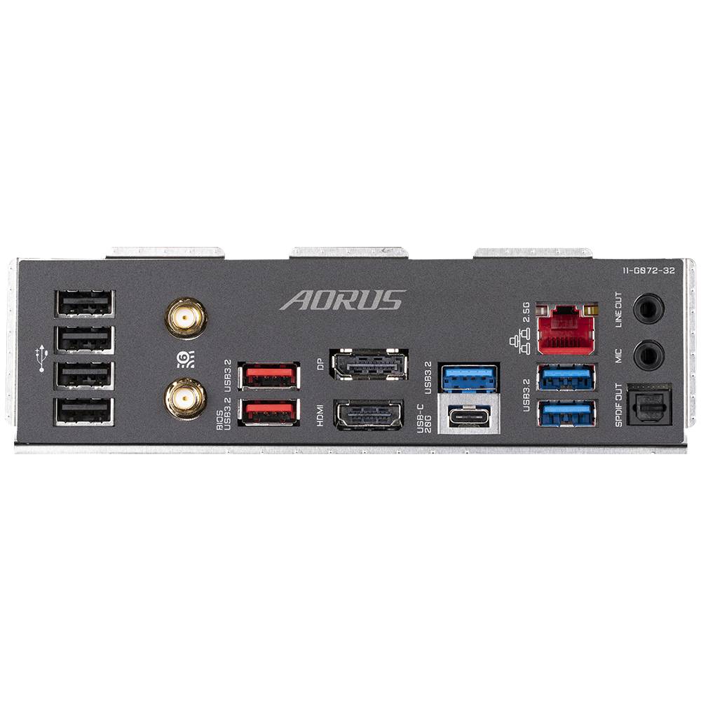En AORUS-moderkortsbaksida med flera USB-portar, HDMI, Ethernet, ljudanslutningar och två antennuttag.