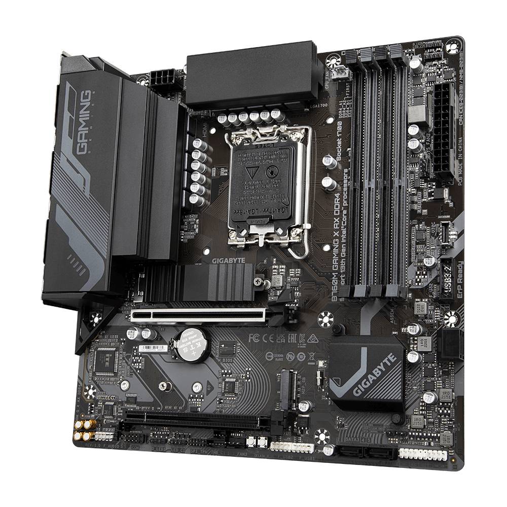 Ett moderkort från ett känt märke med flera RAM-platser, CPU-sockel och anslutningar. Lämpligt för gaming-datorer.