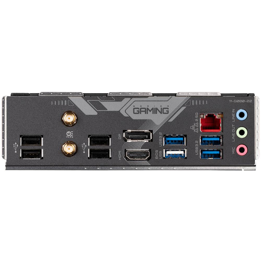 Baksidan av ett moderkort med flera anslutningar, inklusive USB, HDMI, Ethernet och Audio. Designad för speldatorer.