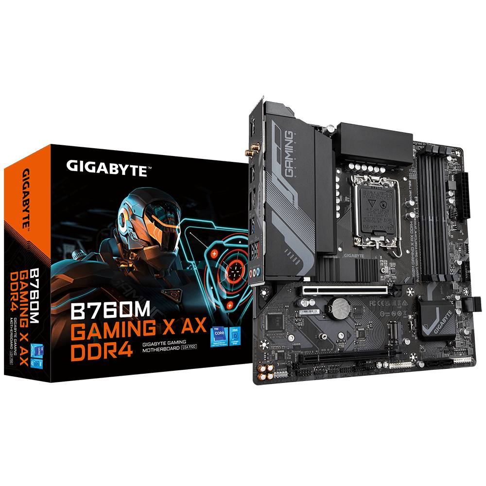 Gigabyte B760M Gaming X AX DDR4-moderkort bredvid förpackning som visar ett futuristiskt design.