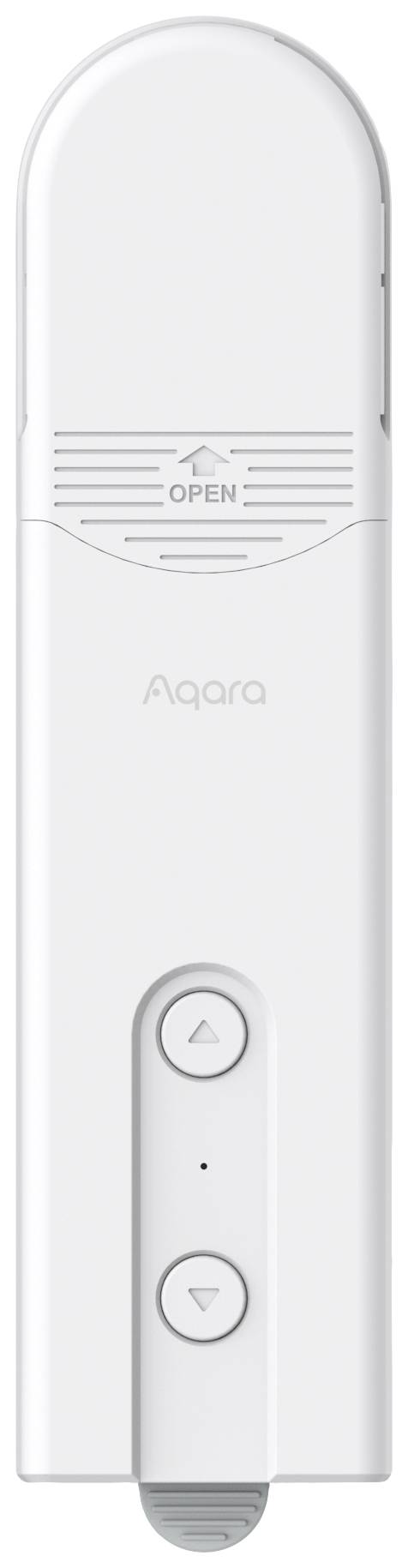 En vit, avlång enhet med två knappar på framsidan och texten 'Aqara'.