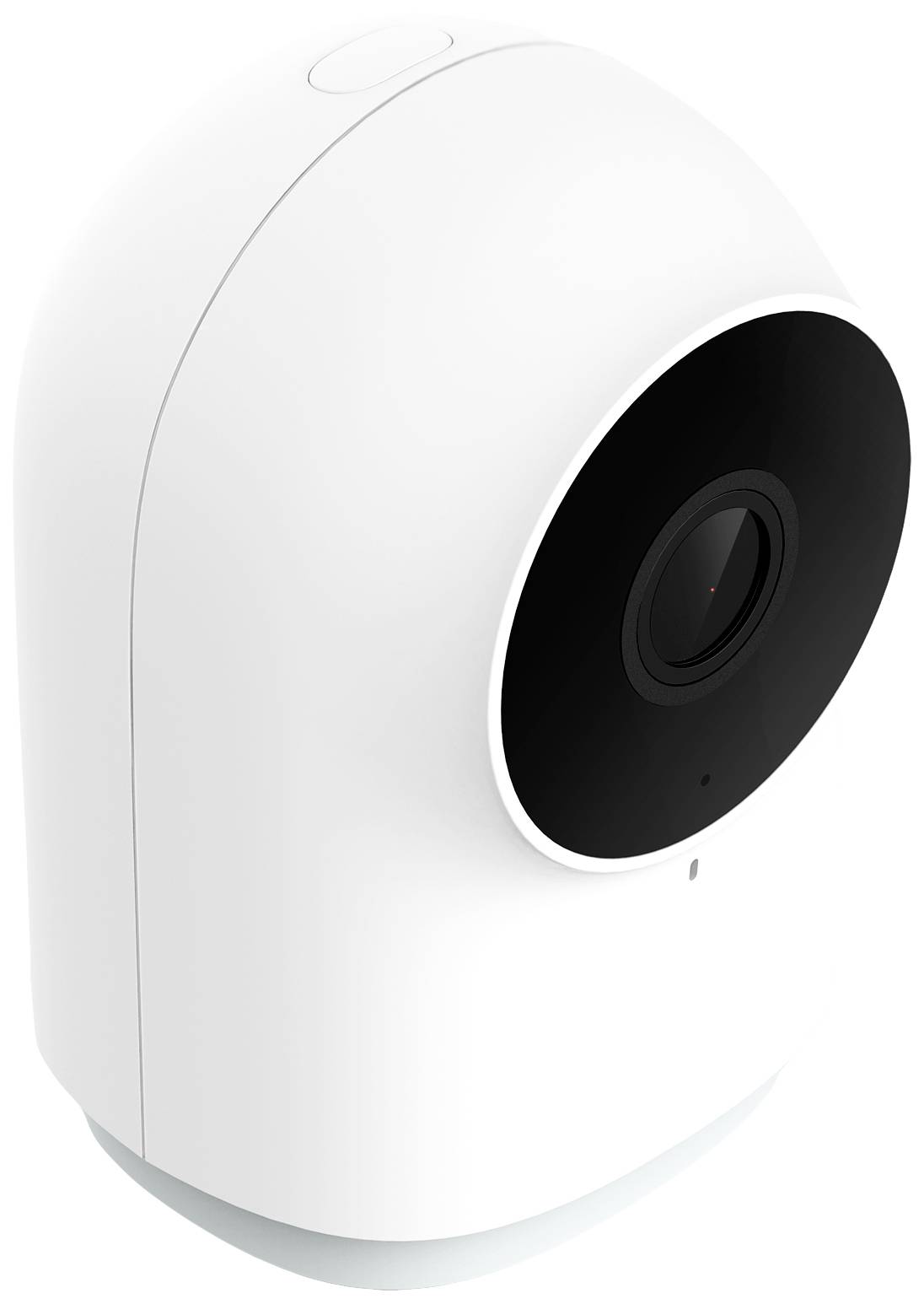 Vit övervakningskamera med svart lins, i ett modernt, rundad design. Perfekt för inomhusbruk vid säkerhetsövervakning.