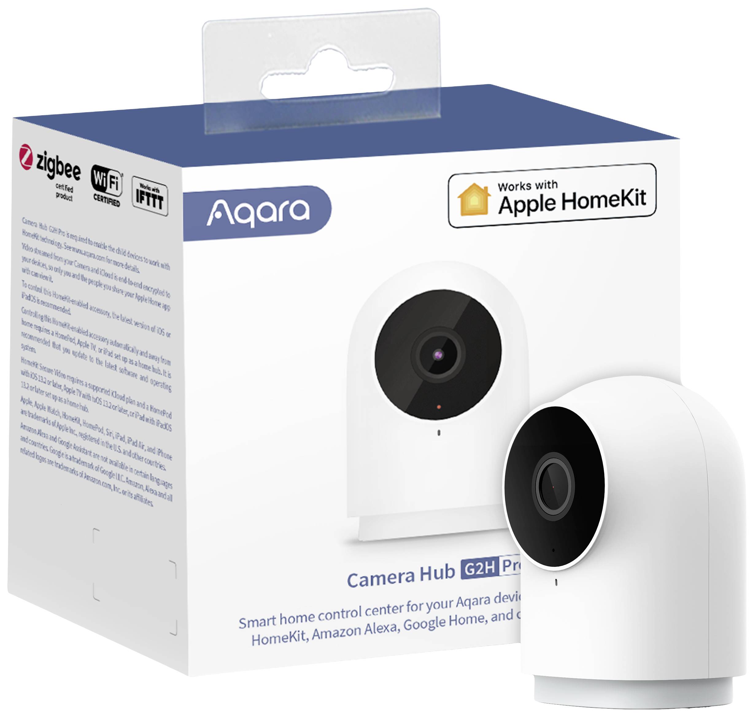 En vit Aqara-kamera med förpackning. Förpackningen visar logotyper för Zigbee, WiFi och Apple HomeKit-kompatibilitet.