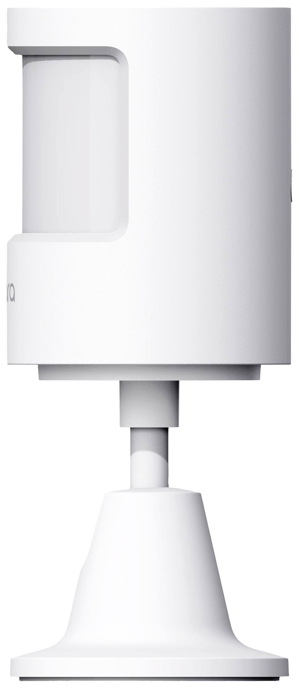 En vit rörelsesensor på ett stativ, synlig från sidan. Den används för att detektera rörelser inomhus.