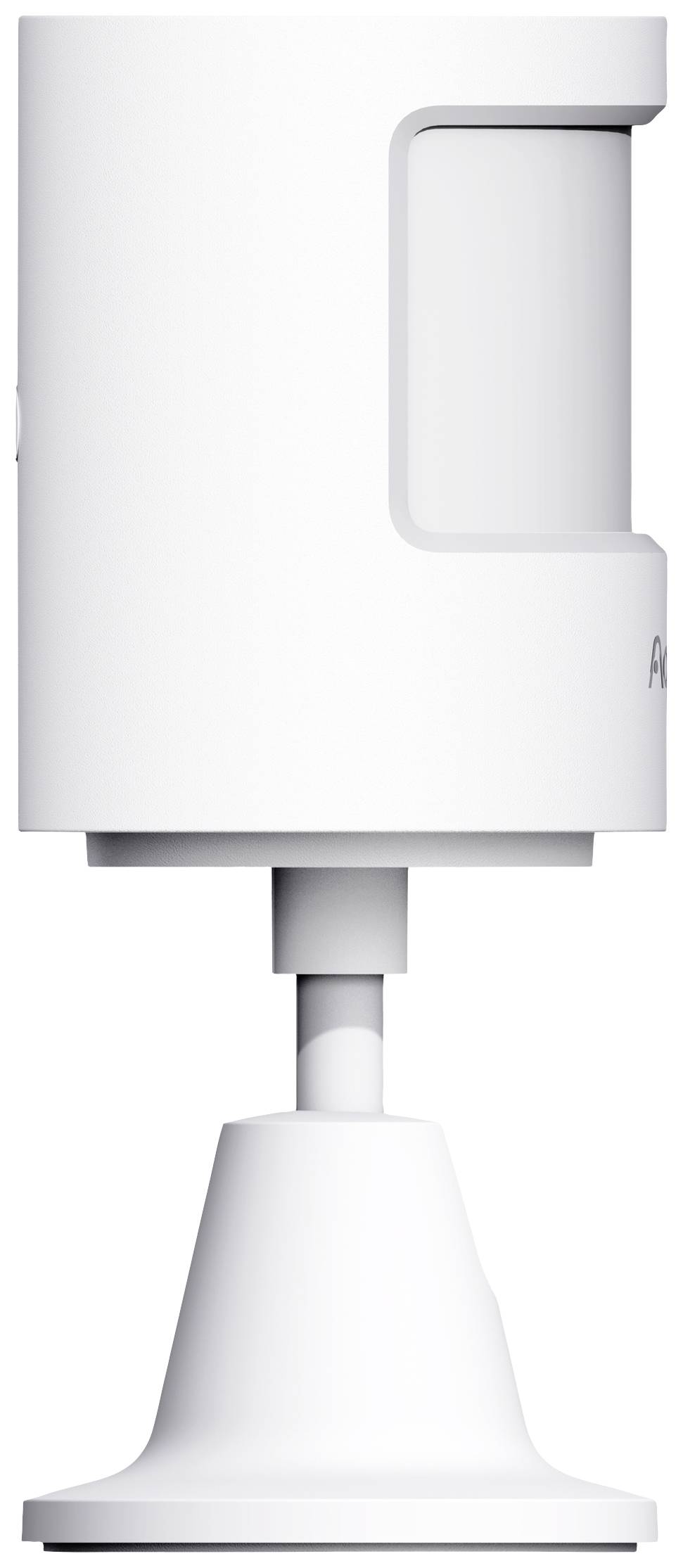 En vit, vertikal rörelsesensor med runt hölje och flexibel fäste på ett stativ.
