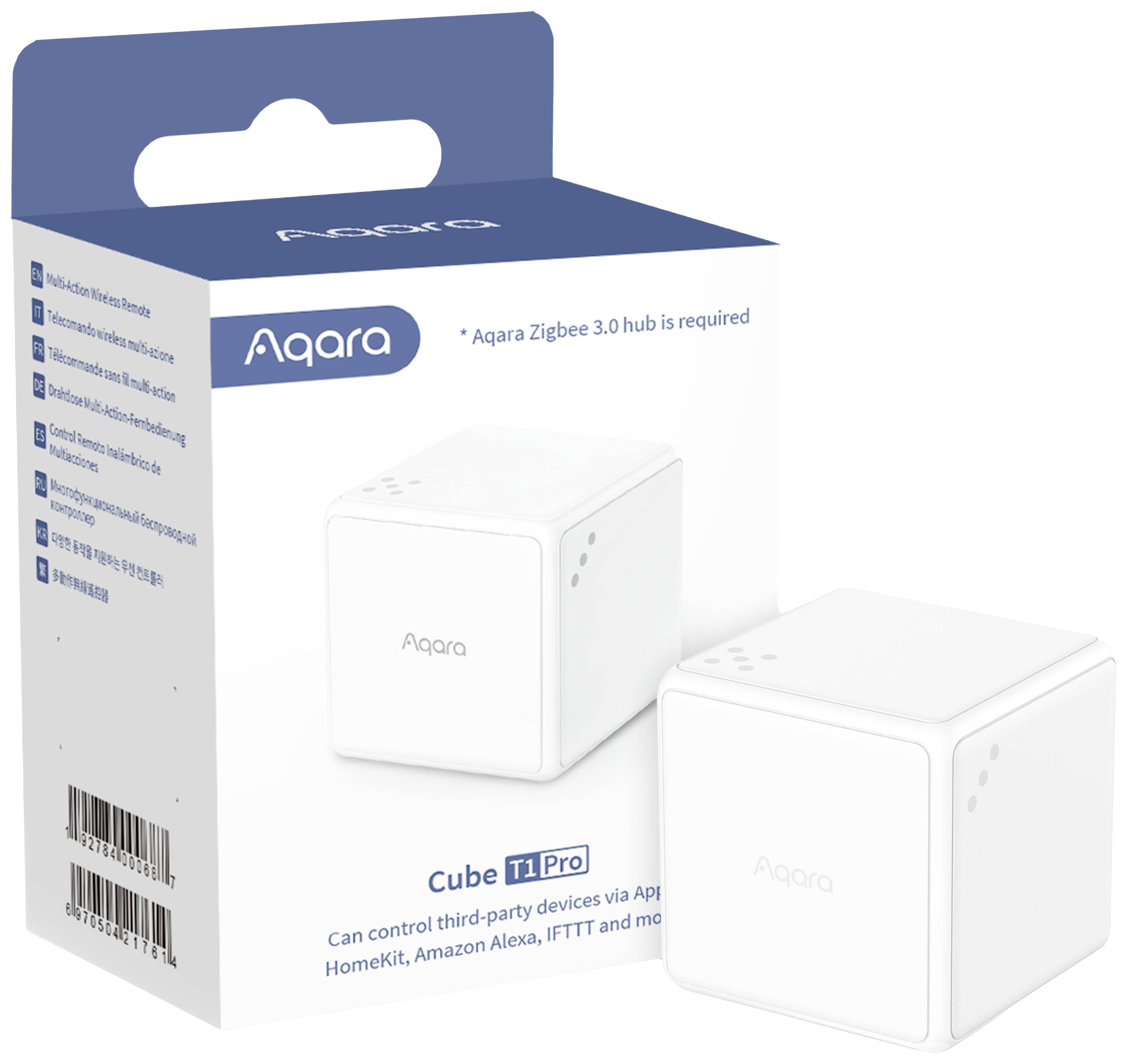 Förpackning för 'Aqara Cube T1 Pro'. En vit kub för styrning av smarta hemenheter. Observera att en Zigbee 3.0 hubb krävs.