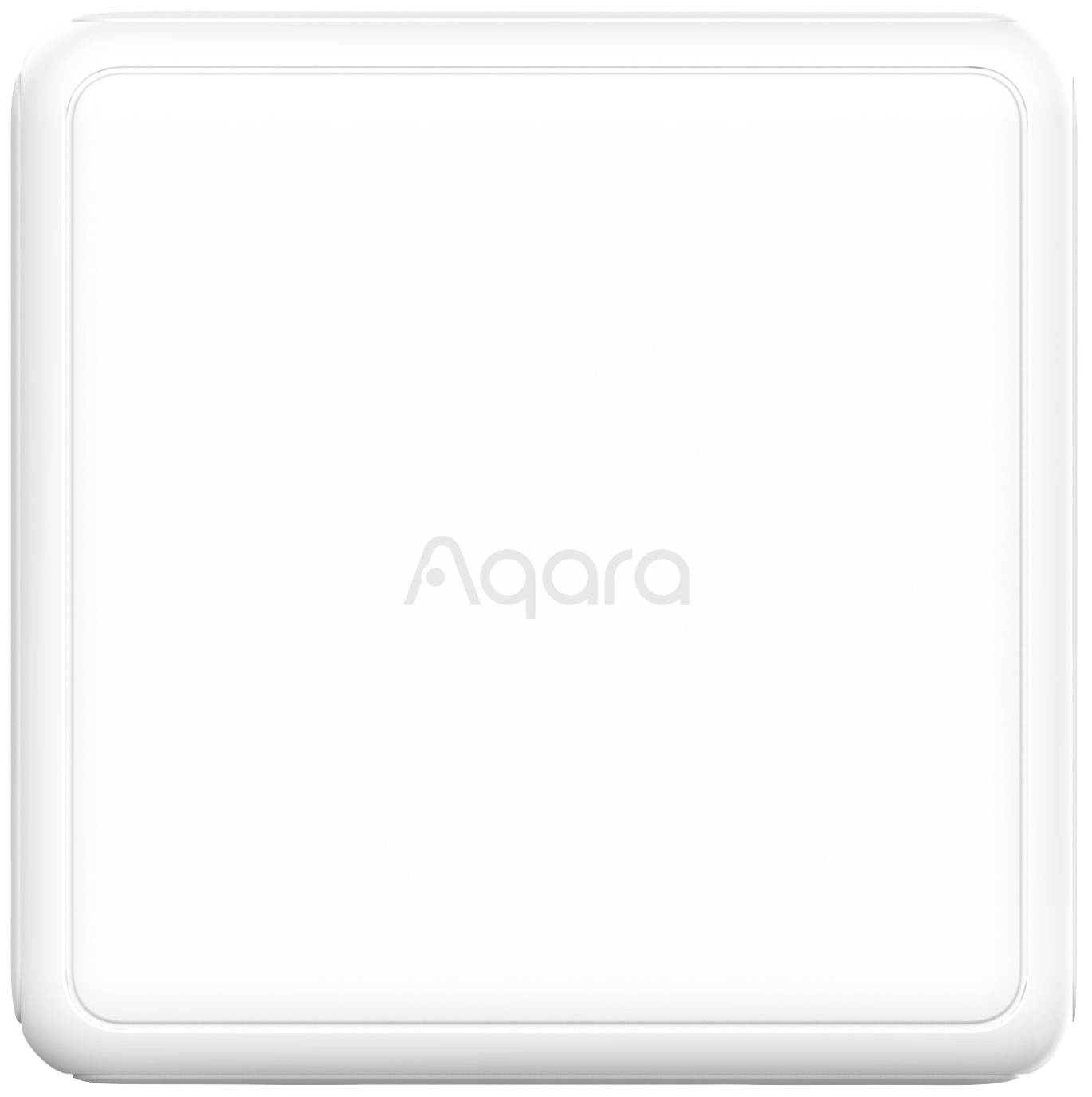 En vit, kvadratisk strömbrytare med 'Aqara'-logotypen i mitten.