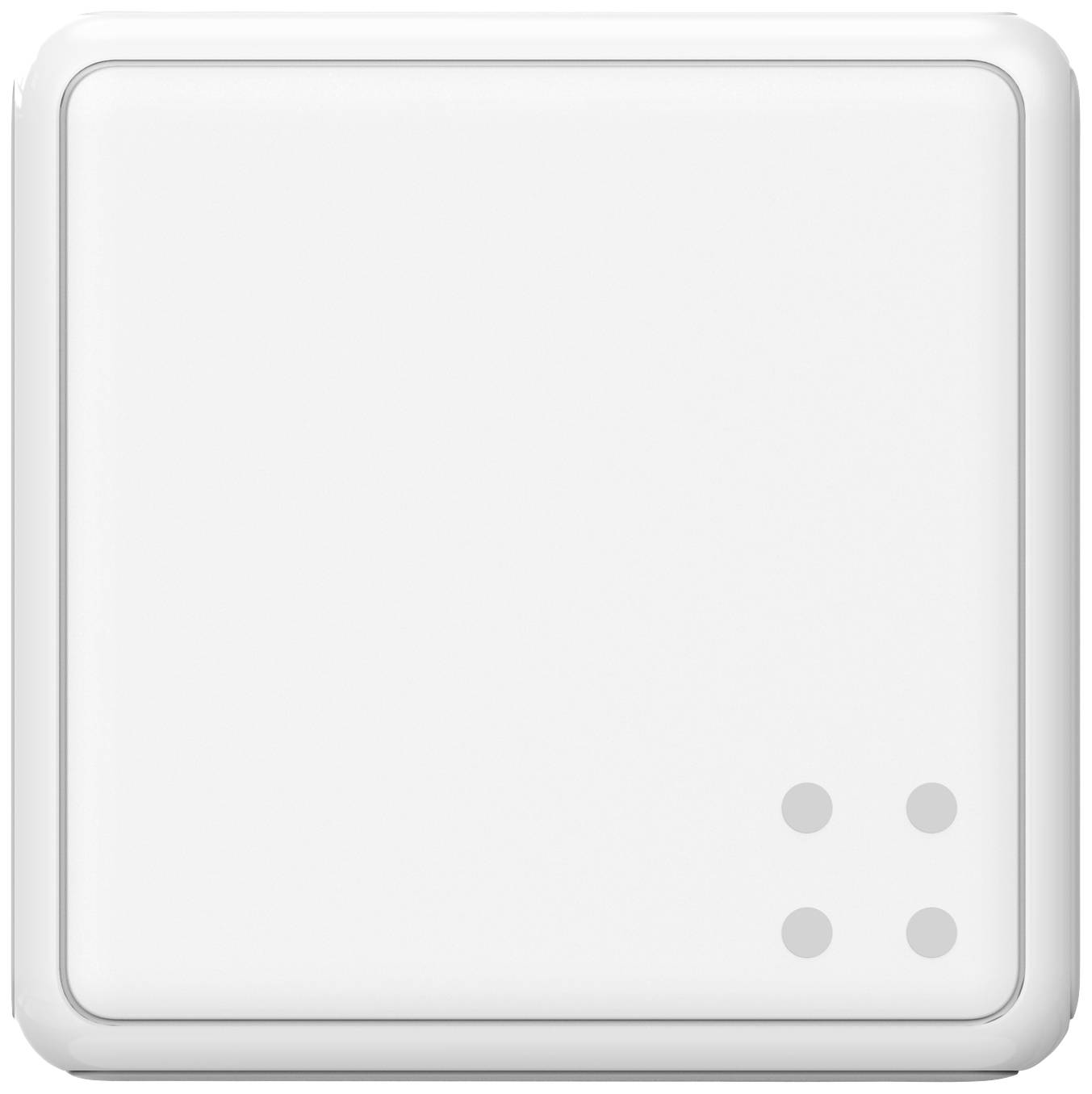 Vit kvadratisk yta med tre små grå punkter i det nedre högra hörnet. Minimalistisk design.
