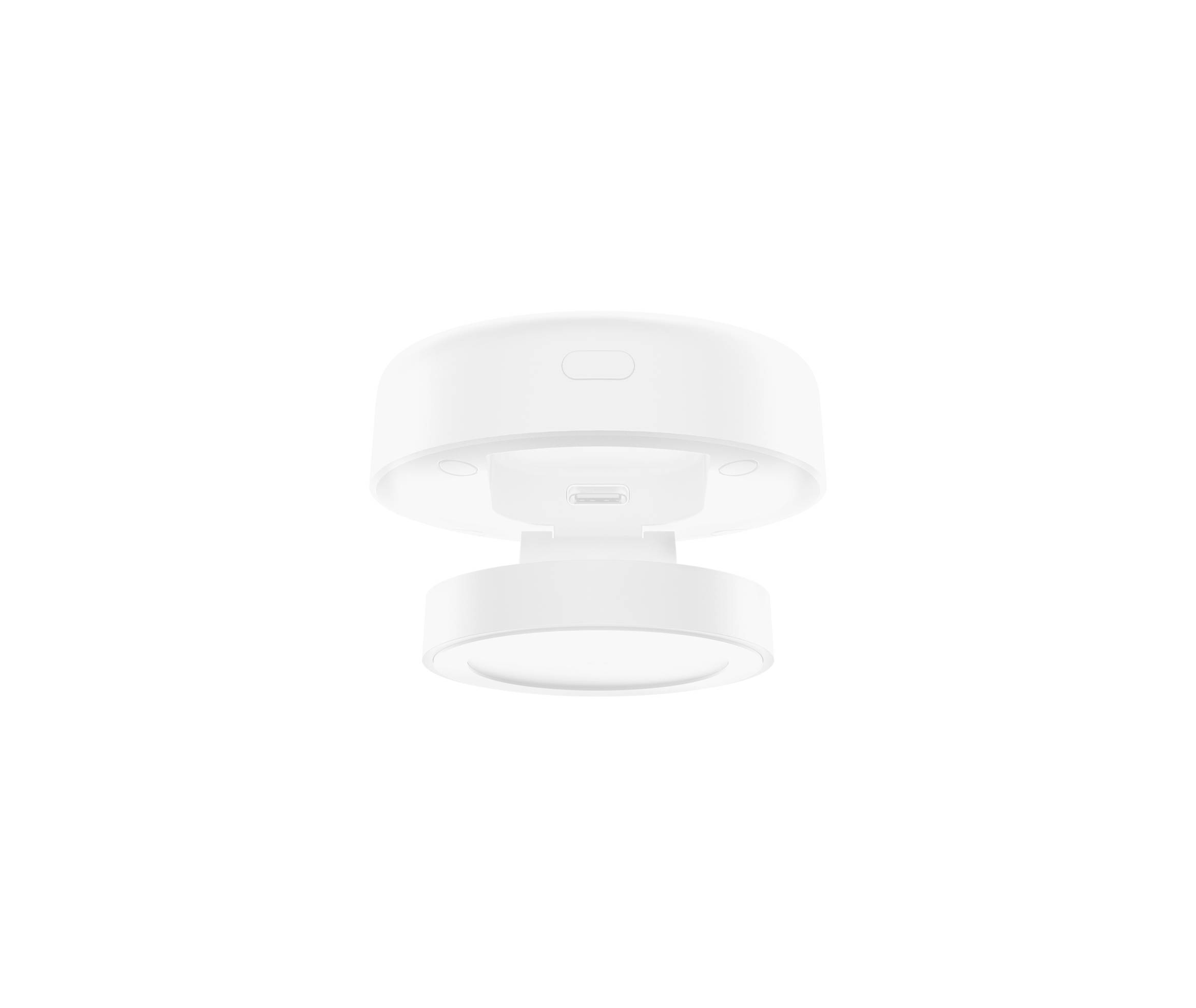 Ett vitt, runt LED-ljus med platt, skivformad design som hålls av ett runt fäste.