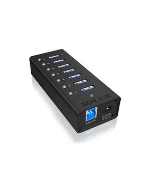 ICY BOX 70418 USB-hubb 7 Port USB-A USB 3.0 5 GBit/s Aluminiumhölje Svart IB-AC618, 7 Port USB 3.2 Gen 1 Hub mit 1x Tablettladeport, mit 12V 3A Netzteil
