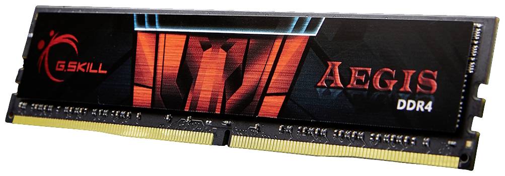 Ett DDR4 RAM-modul från G.Skill vid namn 'Aegis', svart design med röd logotyp. Huvudsakligen avsett för användning i datorer.
