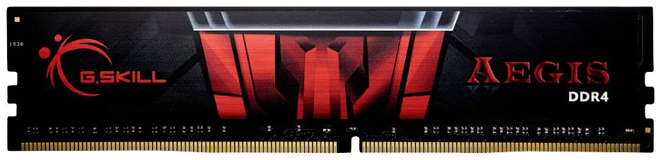 Ett DDR4-RAM-modul från G.SKILL, modell AEGIS, i närbild. Svart design med rött logo och text.