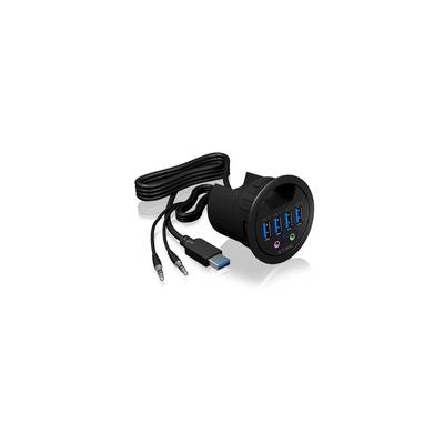 USB-hubb med fyra blå USB-portar och två audioingångar, svart design, med anslutet USB-kabel och två audiokablar.