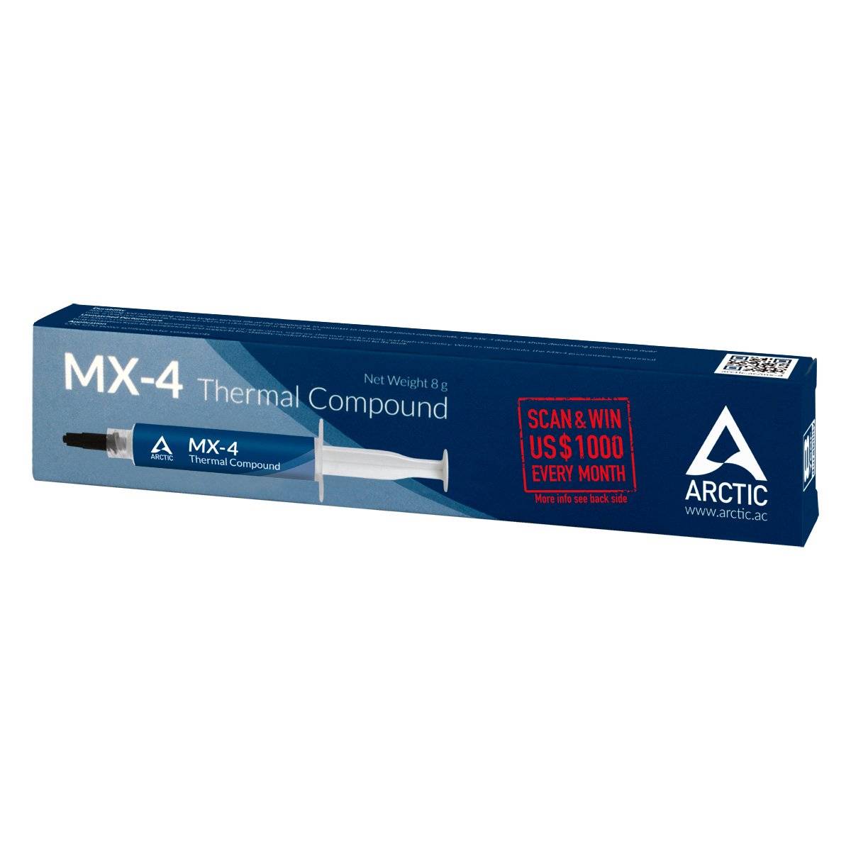 En förpackning med värmepasta från märket Arctic MX-4, 8 gram, med reklamtryck 'Scan & Win US$1000 Every Month'.