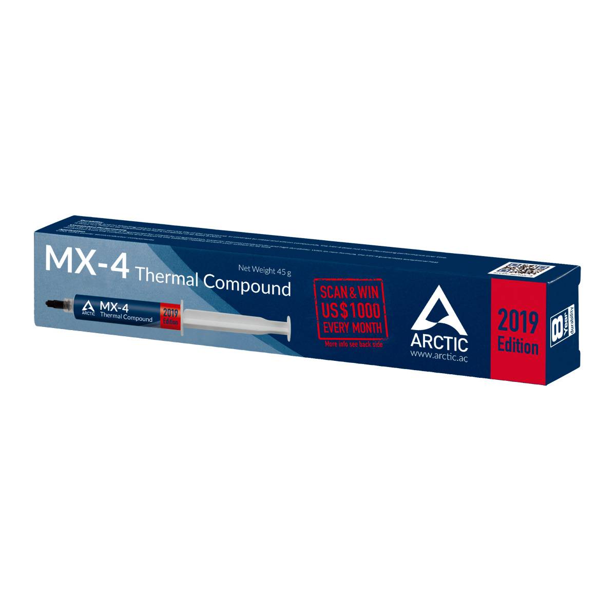 En blå låda med 'MX-4 Termisk Pasta' och en spruta avbildad. Text: 'Vinn 1000 USD varje månad'. Arctic-logotyp till höger.