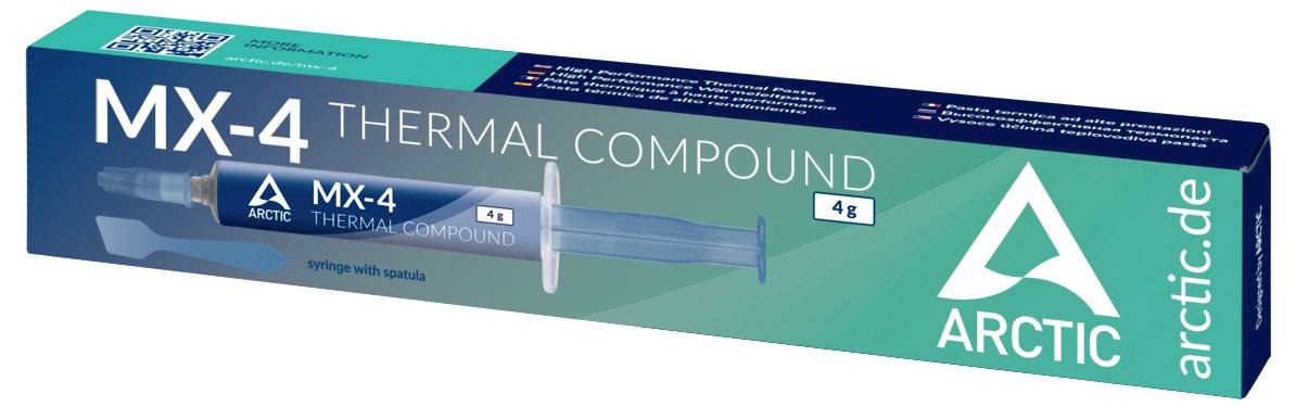'ARCTIC MX-4 Termisk Kompound' förpackning. Innehåller en 4g spruta och en spatel. Utformad för effektiv värmespridning i elektroniska komponenter.