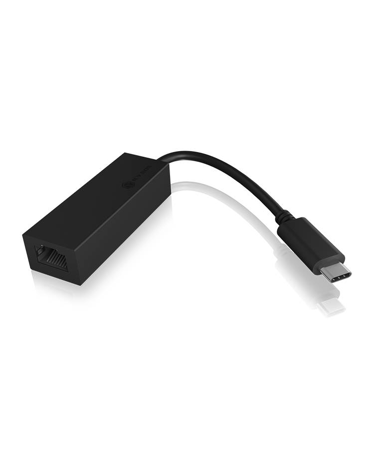 USB-C till Ethernet-adapter med svart hölje, lämplig för att ansluta datorer till trådbundna nätverk för snabbare internetåtkomst.