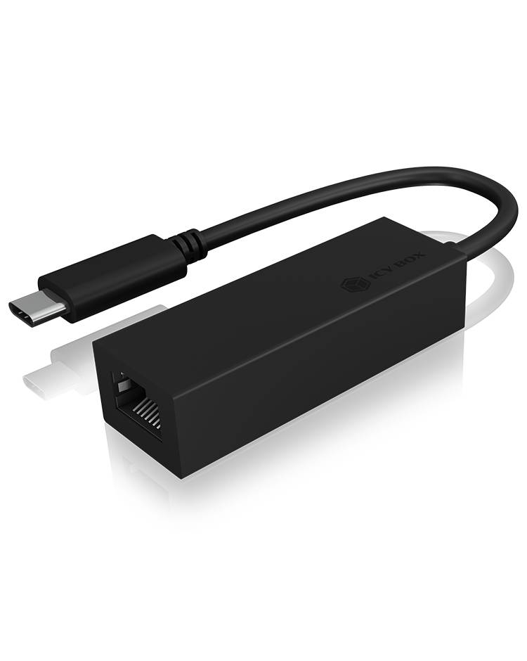 Svart USB-C-till-Ethernet-adapter med en kort kabel, lämplig för anslutning av moderna enheter till trådbundet internet.
