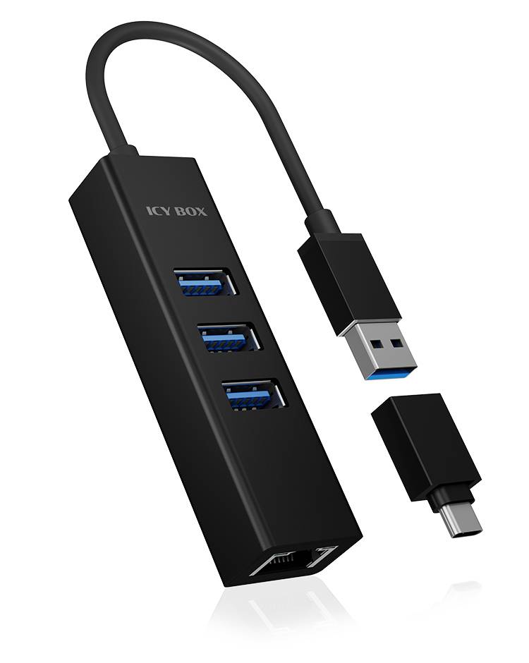Svart USB 3.0-hubb med tre portar och Ethernet-anslutning. Inkluderar en adapter för USB-C-anslutningar.